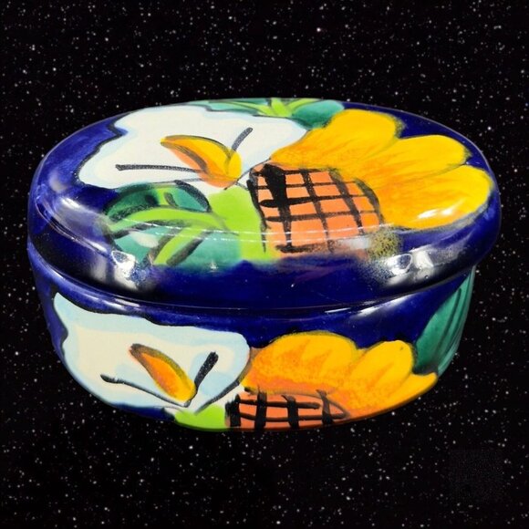 Mexican Pottery Trinket Box Jewelry Storage Box Talavera Pottery Painted Flowers - Picture 2 of 12